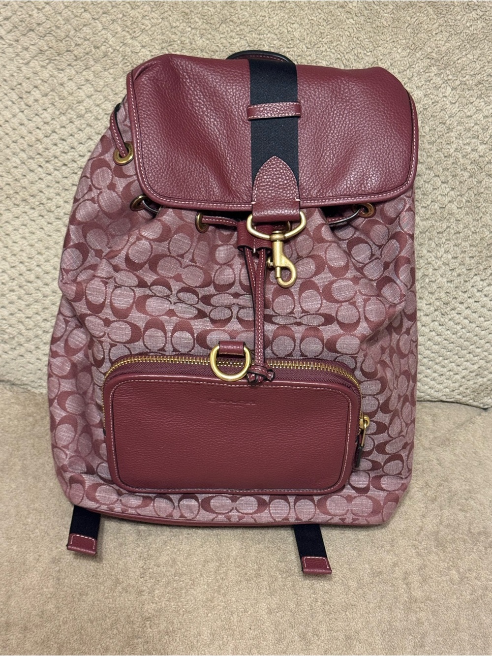 Coach Signature Jacquard Burgundy Leather Backpack Drawstring Gold Hardware